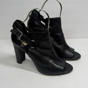 Lauren Ralph Lauren Kadence Ankle Bootie Open Toe Black Leather Block Heel Sz 11